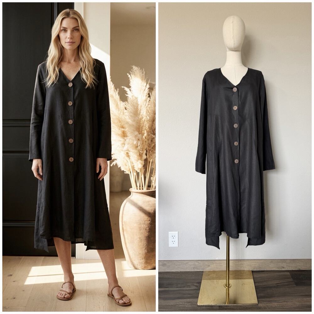Cheyenne Linen Midi Dress Duster Jacket Size S/M Art to Wear Lagenlook Pockets